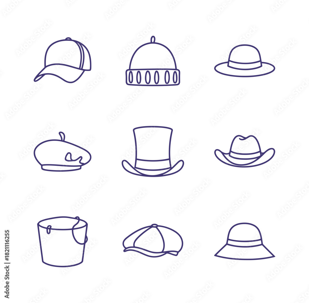 Fototapeta premium Hat and Headwear Outline Icon Set: Collection of Linear Vector Symbols for Fashion, Clothing Accessories, Style, and Various Occupations.