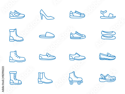Footwear and Shoe Style Outline Icon Set: Collection of Linear Vector Symbols for Fashion, Clothing, Sports, and Different Types of Shoes.