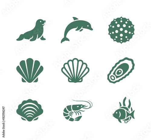 Marine and Aquatic Seafood Icon Set: Collection of Flat Green Vector Graphic Symbols for Shellfish, Mammals, Ocean Delicacies, and Sea Life.
