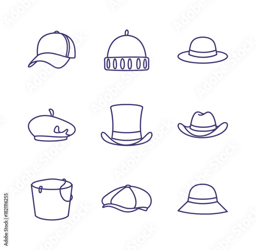 Hat and Headwear Outline Icon Set: Collection of Linear Vector Symbols for Fashion, Clothing Accessories, Style, and Various Occupations.