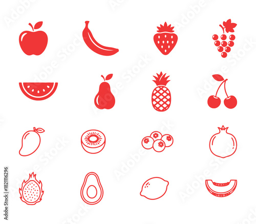 Tropical and Common Fruit Filled and Outline Icon Set: Collection of Red Vector Graphic Symbols for Healthy Eating, Sweet Produce, and Diet.