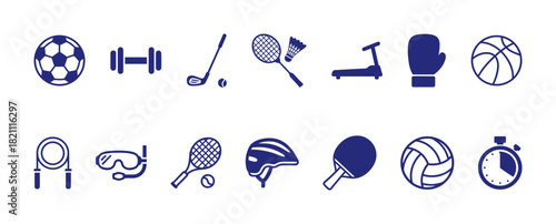 Sports and Fitness Equipment Solid Icon Set: Collection of Flat Vector Graphic Symbols for Exercise, Athletics, Training, and Gym Activities.