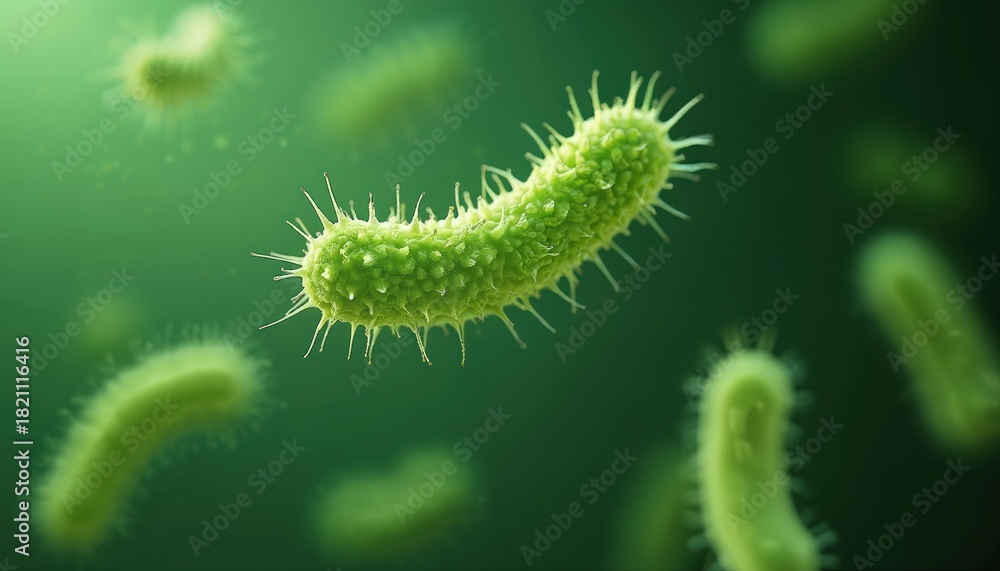 Naklejka premium Microscopic view of green curved rod bacteria cells in water. These microorganisms can cause disease and infection in living organisms. Scientific research and medical study.