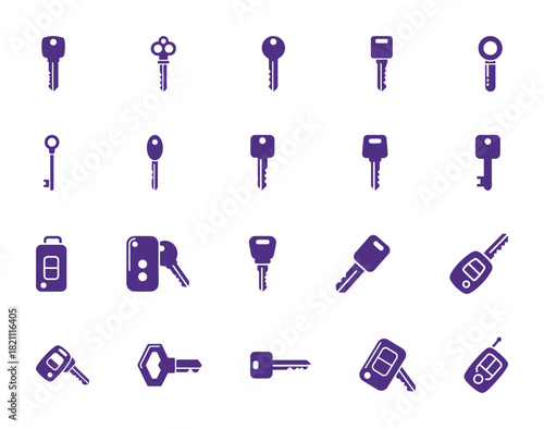 Key and Locksmith Solid Icon Set: Collection of Flat Purple Vector Graphic Symbols for Security, Access, Home, Car, and Remote Control.