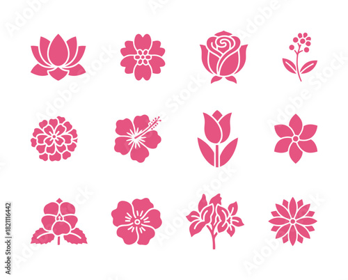 Floral and Botanical Flower Solid Icon Set: Collection of Flat Pink Vector Graphic Symbols for Nature, Plants, Gardening, and Decoration.