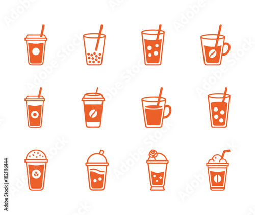 Cold Drink and Beverage Outline Icon Set: Collection of Linear Vector Symbols for Iced Coffee, Tea, Smoothies, and Takeaway Cups.