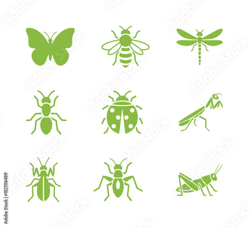Set of Green Insect Icons in Flat Design Style. Butterfly, Bee, Dragonfly, Ant, Ladybug, Praying Mantis, Beetle, Cockroach and Grasshopper Minimalist Vector Symbols.