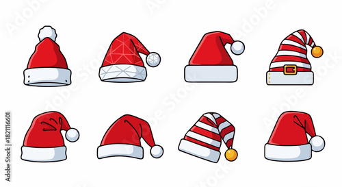 Eight cartoon Santa hats in various designs, including striped, patterned, and classic styles, all with white trim and pom-poms.