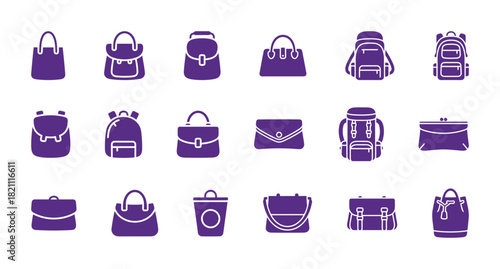 Purple Bag and Luggage Icons Set. Backpack, Handbag, Purse, Satchel, Clutch and Duffel Minimalist Flat Vector Symbols.
