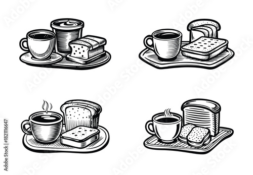 Four illustrations depict coffee and toast arrangements in monochrome art style