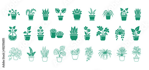 Set of potted house plants and succulents vector icons in green color, including linear and solid pictograms for gardening and home decor.