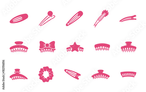 Various hair accessories vector icons set in bright pink color, including hair clips, claw clips, bobby pins, and scrunchie pictograms for beauty and style.