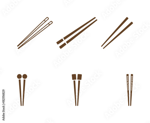Chopsticks vector icons set in brown color, showing different types and styles of wooden or disposable eating utensils for Asian cuisine.