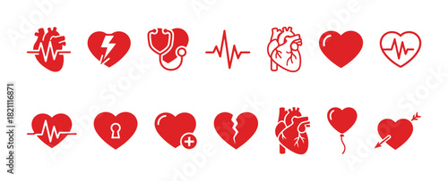 Set of heart and cardiology medical vector icons in red color, including human heart, heartbeat line, stethoscope, and emotional heart symbols.