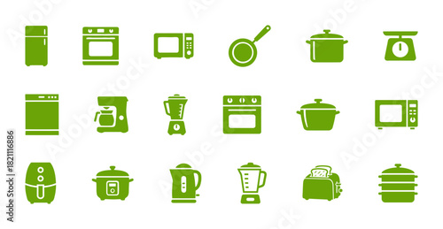 Set of kitchen appliance vector icons in green color, including refrigerator, microwave, oven, toaster, blender, and coffee maker pictograms.