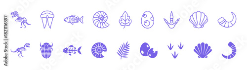 Paleontology and fossil vector icons set, featuring prehistoric elements like dinosaur skeletons, fish bones, ammonite, trilobite, and egg prints in purple line and solid style.