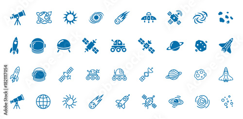 Space exploration and astronomy vector icons set in blue color, featuring rocket, satellite, astronaut helmet, telescope, planets, galaxy, meteor, and rover symbols.