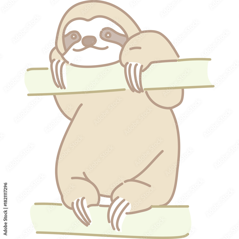 Naklejka premium Cute Cartoon Sloth Hanging From Bamboo Branches Against A White Background With A Peaceful Expression And Detailed Claws