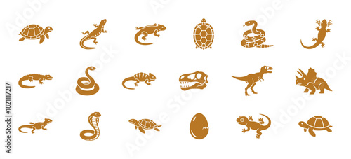 Reptiles and prehistoric dinosaur vector icons set in brown color, featuring turtle, lizard, snake, cobra, crocodile, T-rex, triceratops skull, and egg pictograms.