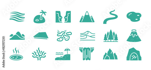 Set of various landscape and natural geographic features vector icons in teal green color, including mountain, waterfall, island, canyon, river, forest, beach, and volcano symbols.
