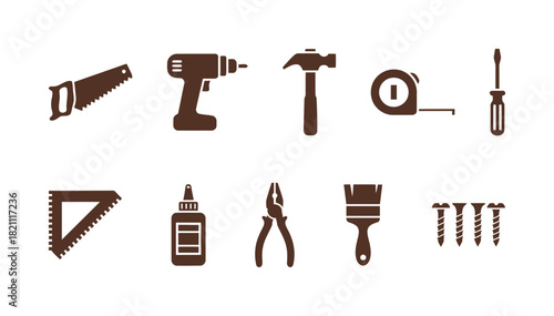 Home repair and carpentry tool vector icons set in brown color, featuring saw, drill, hammer, tape measure, screwdriver, square, glue, pliers, brush, and screw symbols.