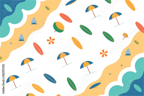 Vibrant Summer Beach Pattern with Surfboards, Umbrellas, Flowers, and Waves: A Cheerful Background for Summer Themes and Tropical Vacations