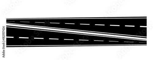 road, highway, intersection, lane – black and white road crossing with dashed lines and angled split path
