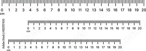 Metric ruler scale vector for 10 cm and 20 cm measuring tools.