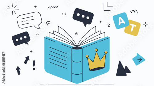 Elegant open royal blue book with a shining gold crown illustration symbolizing knowledge and royalty