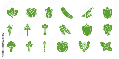 Large set of fifteen flat green vector icons featuring various popular raw vegetables and leafy greens, such as spinach, cabbage, cucumber, peas, peppers, celery, and broccoli.