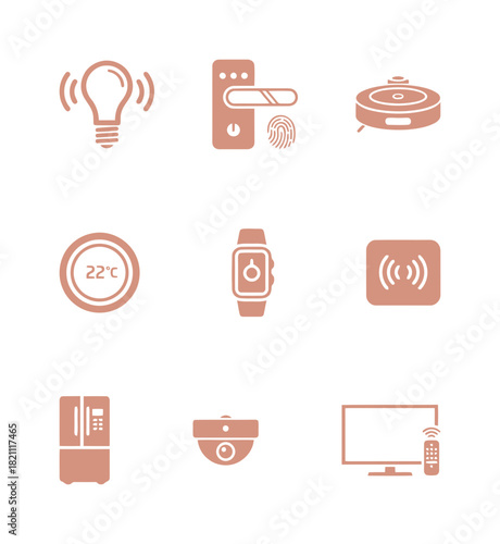 Set of nine solid vector icons in blush pink representing smart home technology and Internet of Things (IoT) devices, including lighting, security, automation, and temperature control.