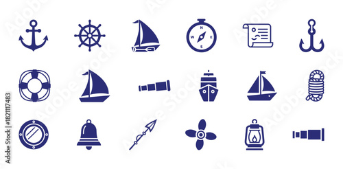Large set of fifteen solid navy blue vector icons representing nautical, sailing, and maritime themes, including anchors, ship wheels, sails, compasses, and other boating equipment.