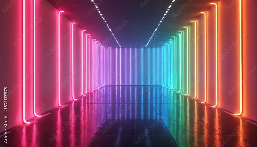 Fototapeta premium Abstract colorful neon light corridor. Bright linear light design. Futuristic tunnel with vibrant color illumination. Modern tech background. Empty room with reflections