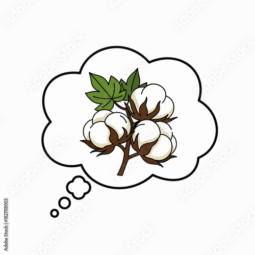 Thinking about soft fluffy cotton bolls growing on a green leafy branch of a cotton plant in a thought bubble