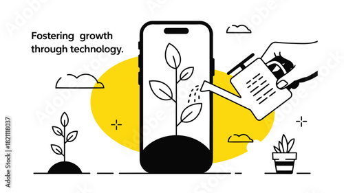 Flat design illustration of a modern smartphone displaying a vibrant green plant on screen