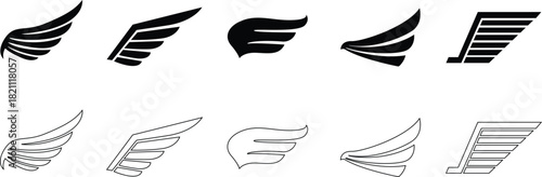 Wing Icon set featuring angel, Bird, and feathered wing designs vector Illustration.