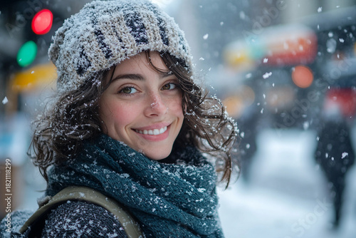 Person in winter clothes admiring snowfall on festive Christmas street with urban lights made using generative ai