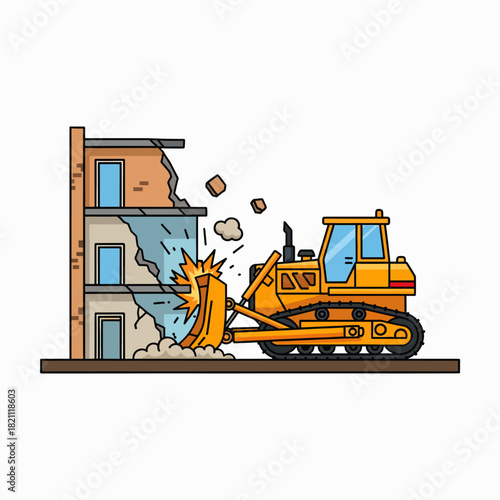 Heavy construction equipment bulldozer demolishing an old building with debris flying everywhere