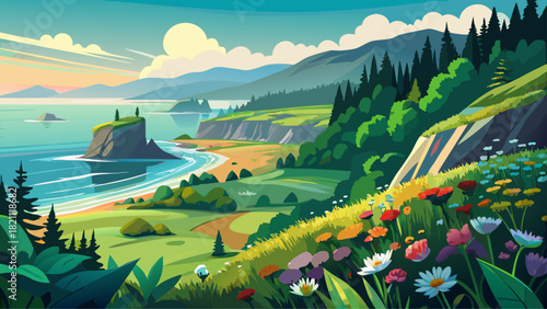 Very beautiful view of Oswald West State Park, Oregon, featuring meadows of blooming hogweed with vibrant green coastal forests in the distance under soft natural light.