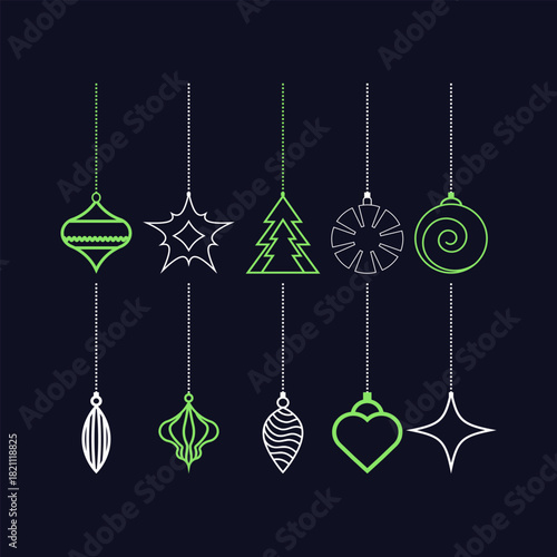 Christmas Ornaments Set Outline Green White Holiday Decor