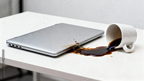 Laptop Accident with Coffee Spill on Table Surface Captured in Close-Up Shot