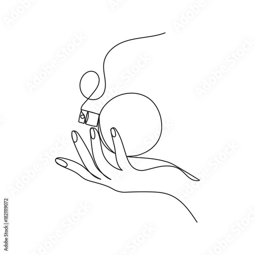 Minimalist one line drawing of a graceful hand holding perfume bottle. Vector illustration for use in cosmetic branding, skincare and beauty packaging, posters, social media.