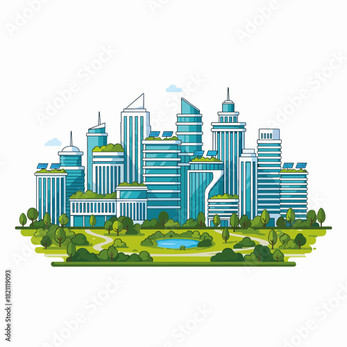 Modern Eco City Architecture with Green Rooftops and Sustainable Urban Development