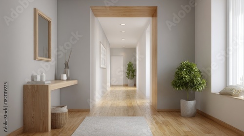 Modern and Bright Hallway with Wooden Accents and Natural Light in Minimalist Design Aesthetic for Contemporary Home Spaces