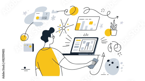 Simplified illustration of a hybrid work environment with diverse elements and color palette