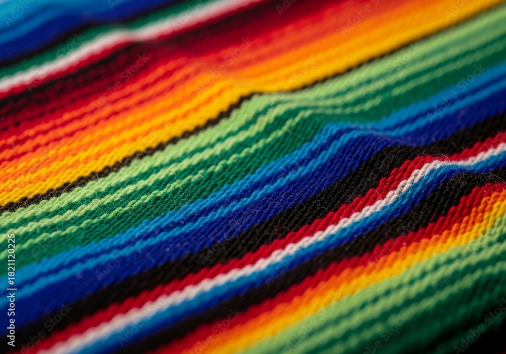 Fototapeta premium Vibrant serape blanket with colorful stripes and woven texture. Traditional Mexican fabric pattern. Textile background for design.