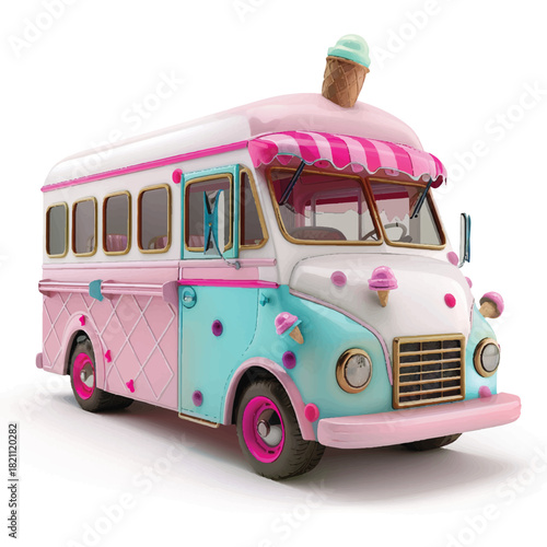 Realistic 3D Ice Cream Truck with Detailed Body, Wheels, Serving Window, Colorful Graphics, Ice Cream Cones and Popsicles, Fully Rendered and Isolated on a Clean White Background.