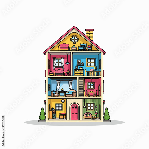 A Cutaway View of a Detailed Miniature Dollhouse Showing Multiple Rooms and Furnishings