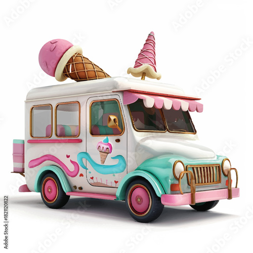 Realistic 3D Ice Cream Truck with Detailed Body, Wheels, Serving Window, Colorful Graphics, Ice Cream Cones and Popsicles, Fully Rendered and Isolated on a Clean White Background.