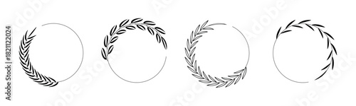 Set of black laurels frames branches with circle borders on transparent background. Hand drawn collection laurel leaves decorative elements. award, Leaves, invitation decoration, swirls, ornate